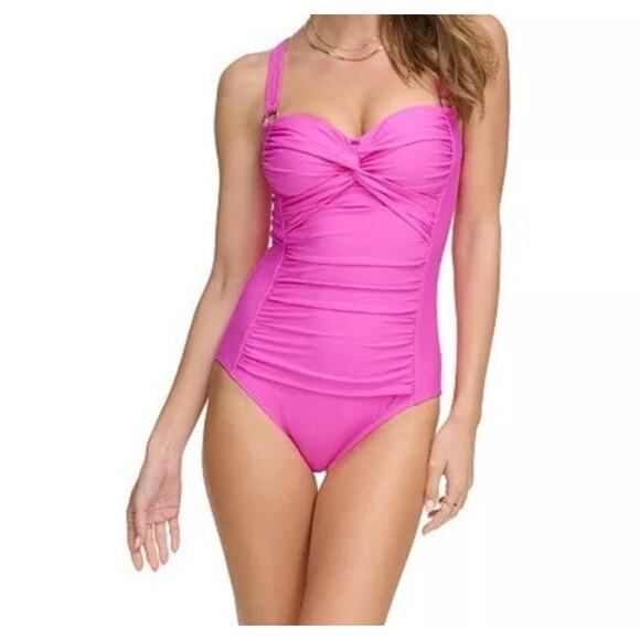DKNY One Piece Pink Large Swimsuit Ruched Tummy Slimming Crossback Padded Bra - Picture 10 of 10